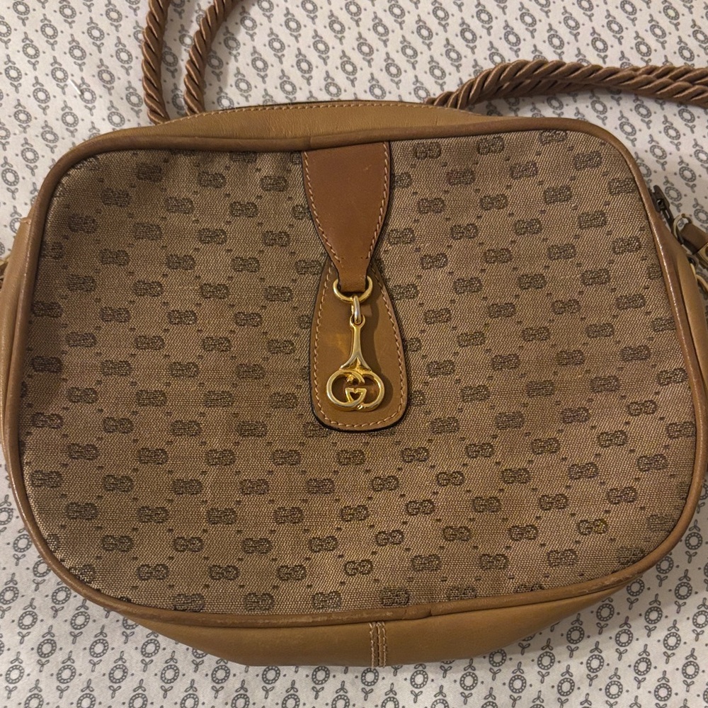Gucci Brown Tan Monogram Crossbody with Gold GG Charm